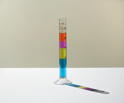 Measuring cylinder with layered colored liquids casting a shadow