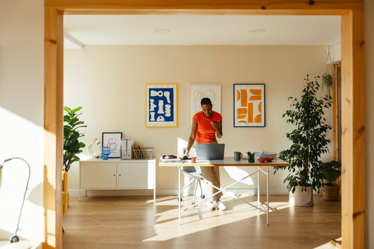 Businesswoman using laptop standing in modern home office