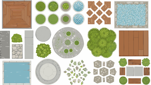 Garden and pool elements top view vector illustration with wood stone and greenery high quality