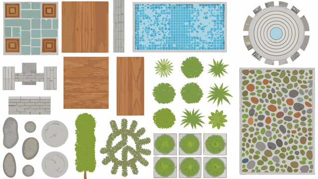 Garden and pool elements set top view vector illustration with stone wood and water textures