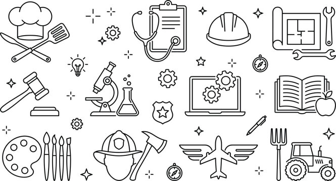 Professions and occupations doodle vector icon set with chef hat medical stethoscope engineering helmet science microscope judicial gavel