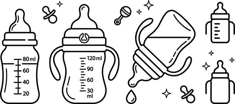 Baby feeding bottle and newborn care line art vector icons collection featuring sippy cups milk pacifier rattle elements