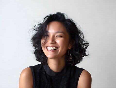 smiling woman with dimples and shoulder-length black hair on a white background