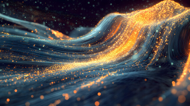 Abstract flowing data visualization with golden light streaks on dark futuristic background