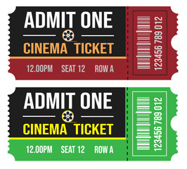 Obraz premium Cinema tickets, movie tickets, red and green cinema film tickets ticket templates set illustration mockup blank icons