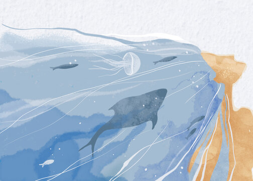 Abstract watercolor profile blending into an ocean with marine life
