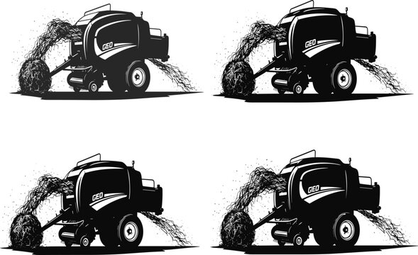 Agricultural round baler machine processing and wrapping hay into bales silhouette vector illustration isolated on white background