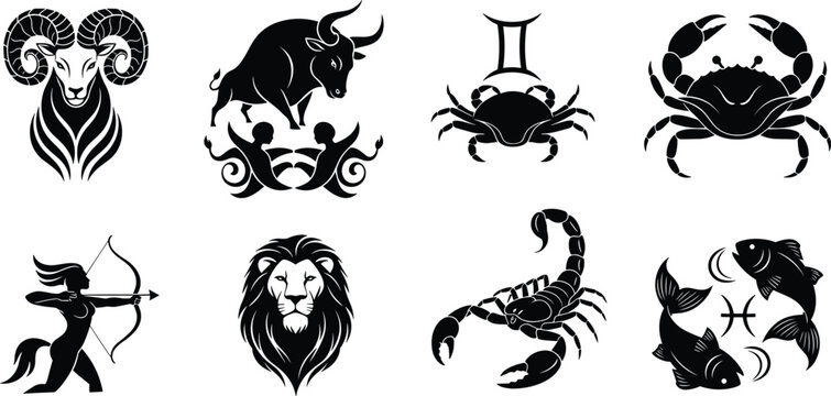 Astrological zodiac signs silhouette vector collection featuring Aries, Taurus, Leo, Scorpio, Sagittarius, and Pisces isolated on white