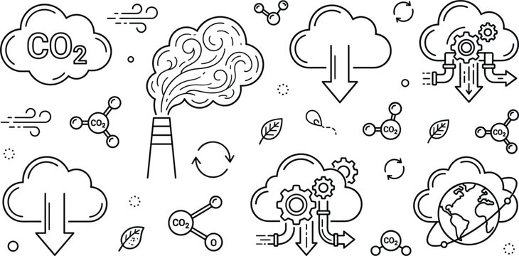 Carbon capture CO2 emissions and climate change line art vector icons collection featuring factory pollution molecules clouds earth