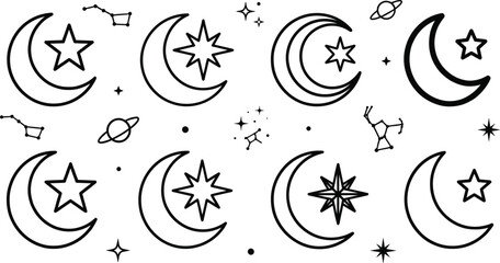 Crescent moon and stars line art vector icons collection featuring magic astrology celestial constellations and night sky elements © Hafizul