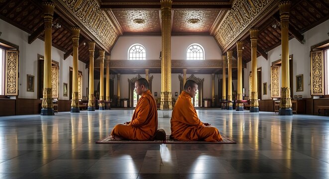 Two monks in orange robes meditate sitting back to back inside a temple
