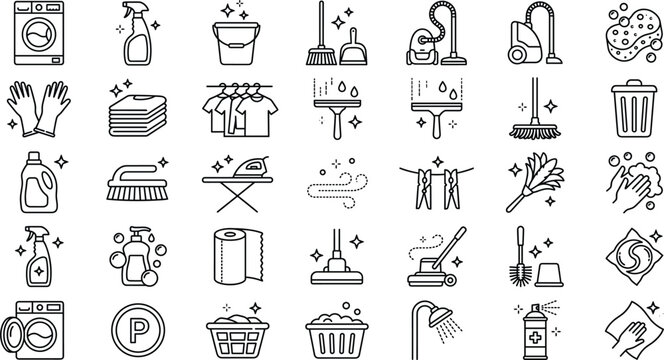 Cleaning service laundry housekeeping and home hygiene line art vector icons collection featuring washing machine vacuum broom squeegee