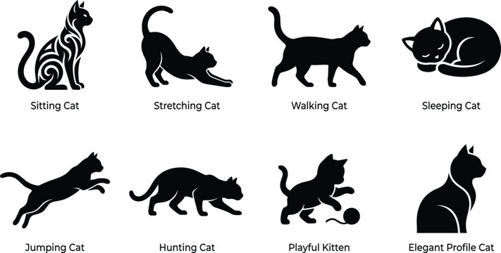 Cat silhouette vector set featuring sitting, stretching, sleeping, jumping, and playful kitten poses isolated on white background