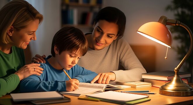 Two mothers helping their son with his homework in a cozy room at night