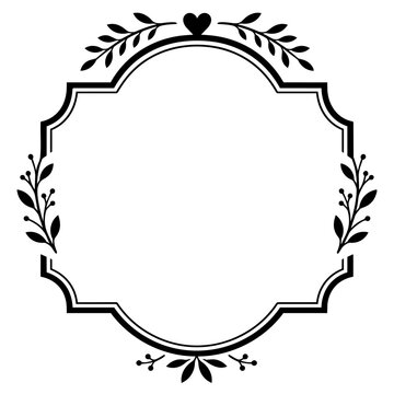 Badge border showcases a heart-shaped top element combined with leafy branch accents for a romantic or rustic framing aesthetic.