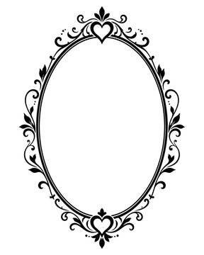 Oval frame exhibits a delicate heart motif at the top and bottom with surrounding botanical scrollwork suitable for romantic invitations or card designs.