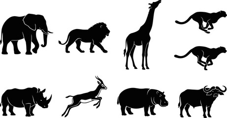 African safari wildlife black silhouette set featuring elephant, lion, giraffe, rhinoceros, and running cheetah vector illustrations © Utpal