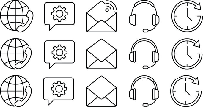 Customer support and contact us line art vector icons collection featuring headset globe envelope communication and helpdesk symbols