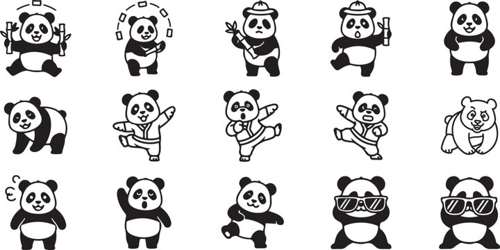 Collection of cartoon panda bear icons in various poses and actions illustration