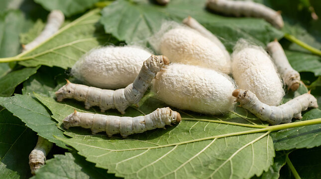 Several silkworms crawl on vibrant green mulberry leaves next to fluffy, white oval silk cocoons, showcasing stages of silk production