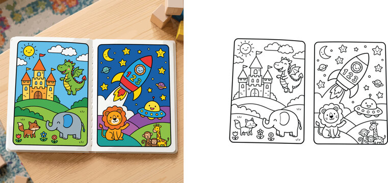 Children coloring book pages template vector illustration with fantasy castle, dragon, animals, rocket ship, and space theme line art activity sheets.