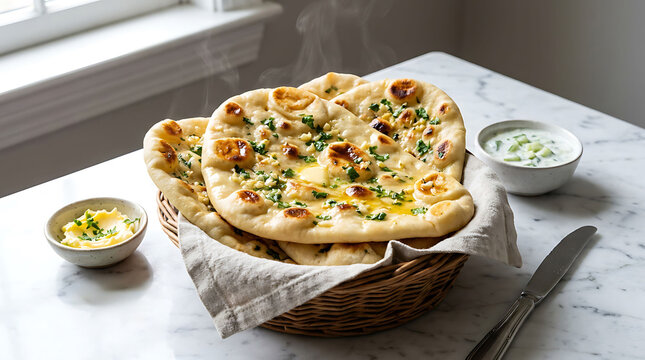 Steaming fresh garlic naan bread, just out of the oven, served with butter and raita on a marble table