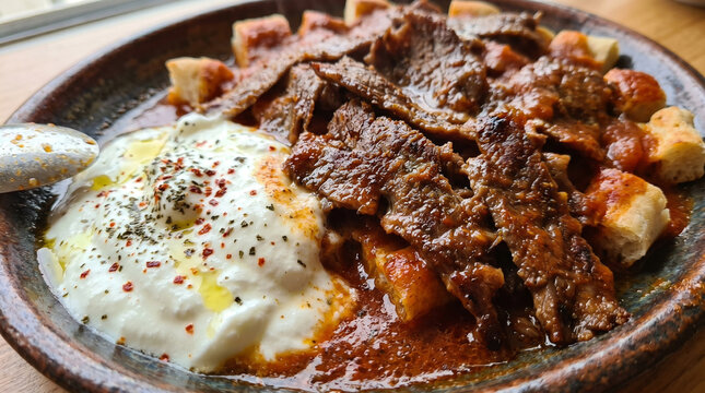 Iskender, meat and yogurt close up
