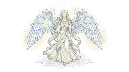 Beautiful Angelic Woman with White Wings and Halo, Holding a Star © wowo