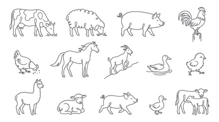 Fototapeta premium Farm Animals Line Art Collection: Cow, Sheep, Pig, Rooster, Chicken, Horse, Goat, Duck, Chick
