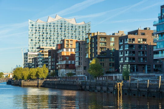 Modern architecture at HafenCity waterfront with Elbphilharmonie