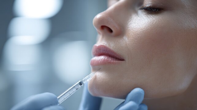 Closeup of cosmetic procedure dermal filler injection being administered to a womans chin area by a gloved hand