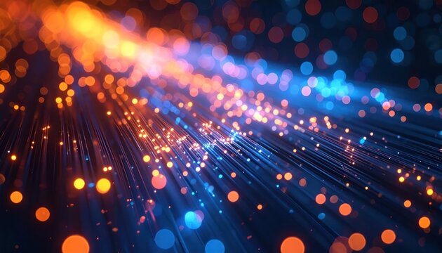 Colorful Fiber Optic Light Trails Glowing in Abstract Digital Network Background