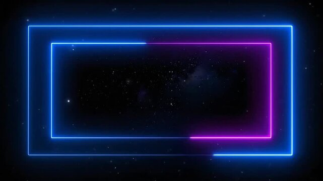 Glowing neon rectangular frames set against a dark starry background