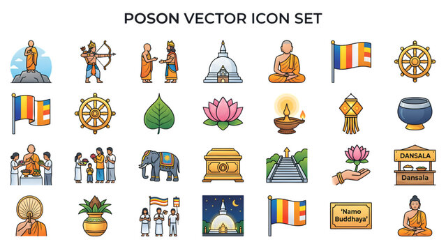 Buddhist Poson Poya and Sri Lankan Festival Line Icons
