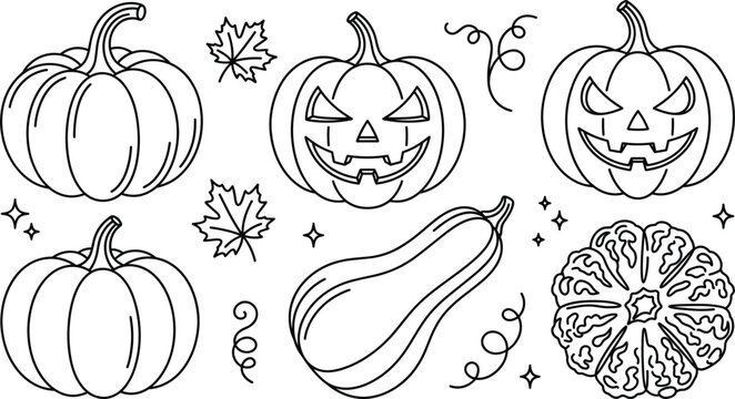 Halloween pumpkin and jack o lantern line art vector icons collection featuring autumn maple leaves squash and spooky symbols