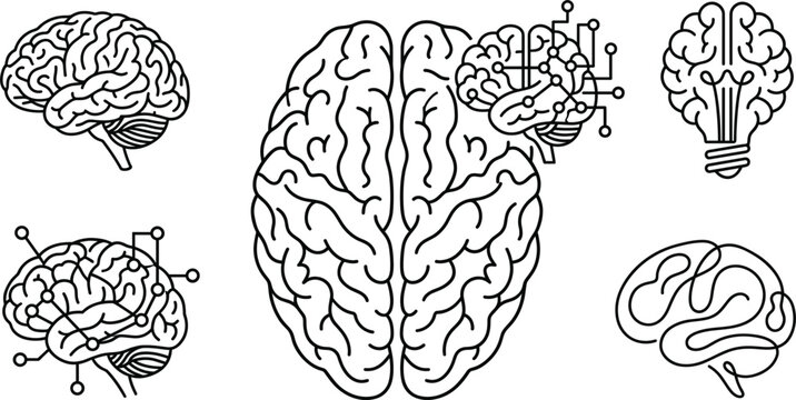 Human brain and artificial intelligence line art vector icons collection featuring neural networks digital circuits and creative lightbulb