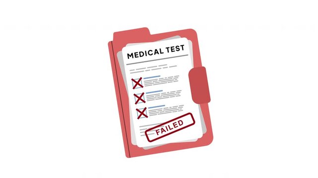 Medical Test Failed : Animation of a Medical Test Document Sheet with Failed Stamp Effect for Healthcare Screening, Examination Results and Clinical Assessment