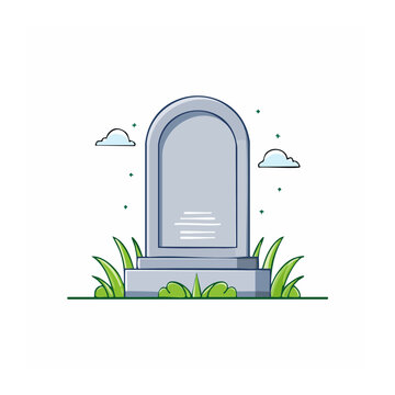 Flat design illustration of a gravestone with grass and clouds