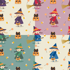 Fototapeta premium Seamless pattern with cute halloween witches pumpkins and candy for festive design.