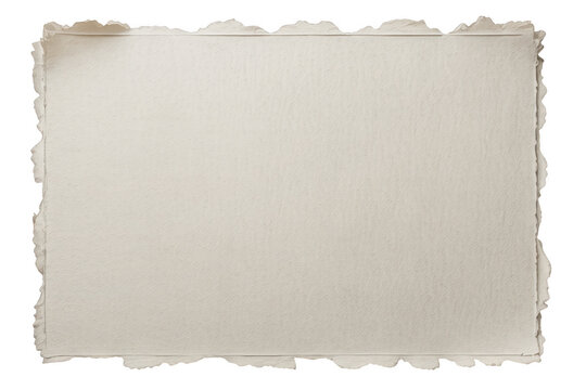 Rectangular sheet of handmade white paper with rough torn deckle edges, isolated on a black background, blank textured stationery surface
