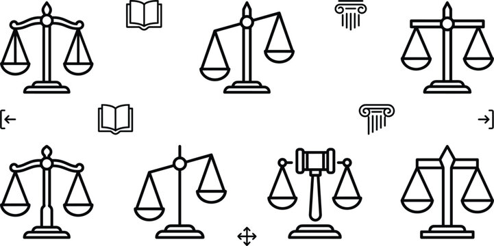 Law scales and justice gavel line art vector icons collection featuring legal system judgment authority and equality symbols