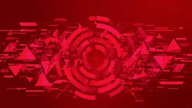 Abstract red technology background featuring a futuristic circular HUD interface, geometric elements, and digital motion graphics.
