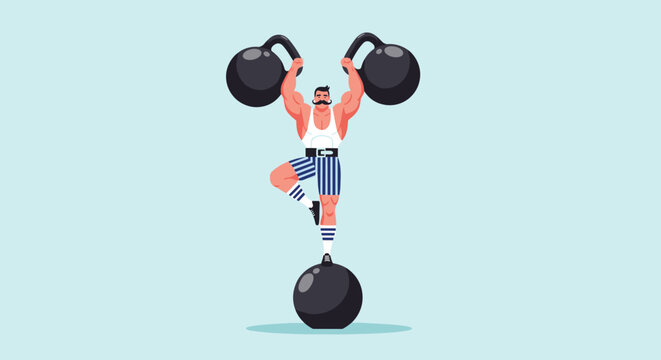 Strongman with a mustache balances on one leg atop a large weight while lifting two more heavy weights overhead.