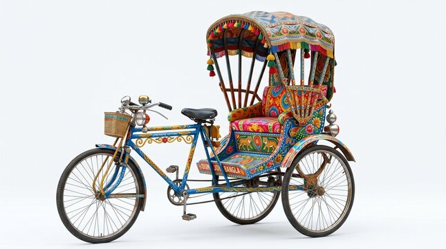 Traditional colorful rickshaw with intricate hand painted floral patterns and decorative tassels sits isolated against a clean white studio background showcasing artistic craftsmanship of this classic