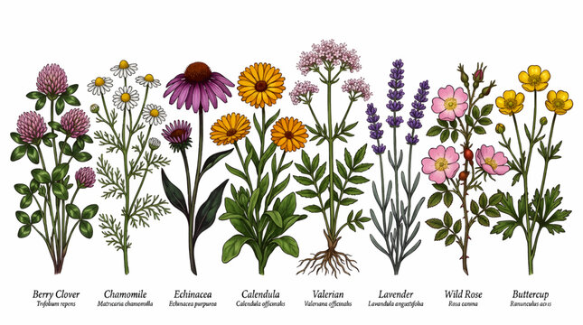 Collection of Medicinal Wild Flowers and Herbs: Berry Clover, Chamomile, Echinacea, Calendula, Valerian, Lavender, Wild Rose, and Buttercup, Vector Illustration