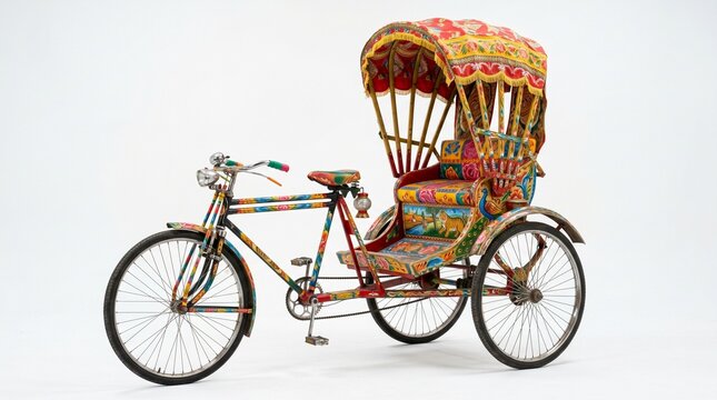 Traditional colorful rickshaw featuring intricate hand painted floral motifs and vibrant tiger artwork on the passenger seat frame isolated against a clean white background during a bright professiona