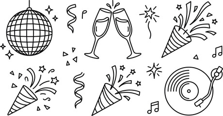 New Year party celebration line art vector icons collection featuring disco ball champagne glasses confetti popper vinyl record © Hafizul