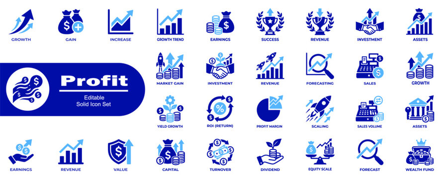 Profit and finance success icons set. Vector design for business revenue growth, investment, and financial market performance elements.