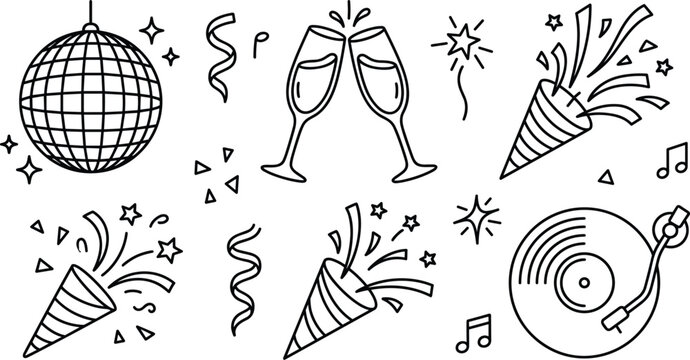 New Year party celebration line art vector icons collection featuring disco ball champagne glasses confetti popper vinyl record