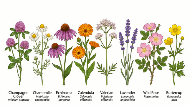 Collection of Medicinal Wild Flowers: Clover, Chamomile, Echinacea, Calendula, Valerian, Lavender, Wild Rose, and Buttercup, Flat Vector Illustration with Labels